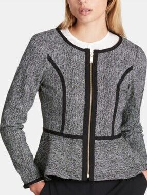 Dkny Womens Peplum Zip Up Blazer Suit Jacket Biz To Casual Black White Gray Sz16